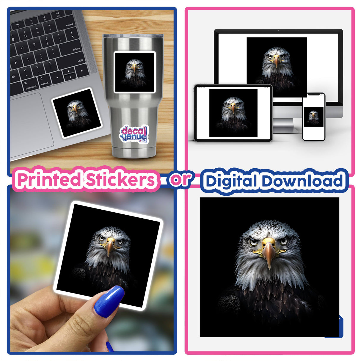 Cinematic Bald Eagle Portrait on Black Background, featuring a detailed collage of eagle images, available as stickers or digital artwork from Decal Venue.