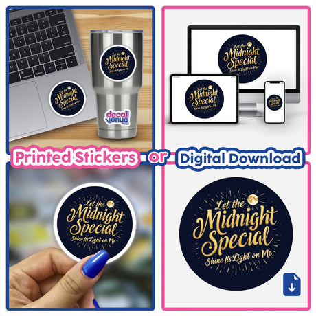 The Midnight Special Vintage Typography Design Sticker or Clipart, showcasing a vibrant collage and hand-held sticker, perfect for personalizing laptops or cups with commercial rights included.