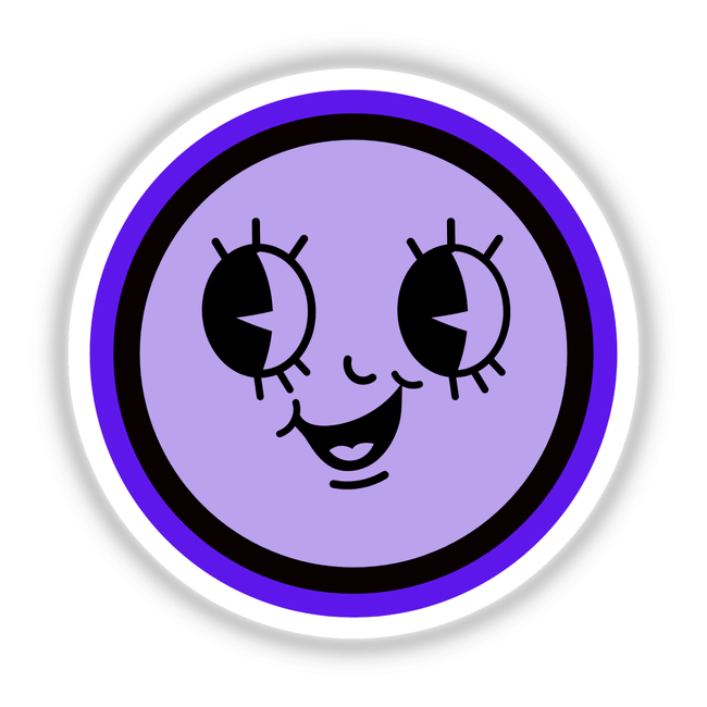Purple Cute Smiley Face cartoon logo featuring a black and purple design, available as stickers or digital artwork from Decal Venue.