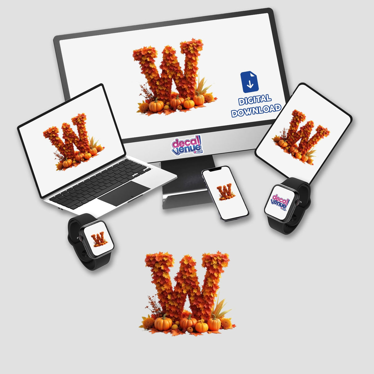 Thanksgiving Letter W Clipart featuring fall leaves and pumpkins, displayed on devices including a computer monitor and laptop. Available as stickers or digital artwork for commercial use.