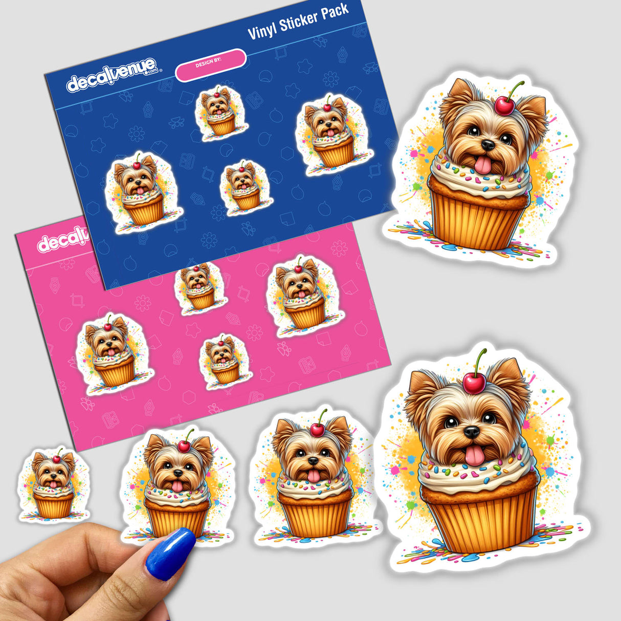 Cute Yorkie dog in a cupcake digital artwork sticker pack, featuring various playful Yorkie designs in a colorful, whimsical style. The stickers showcase the adorable Yorkie dog perched atop cupcakes, showcasing its charming and sweet personality.