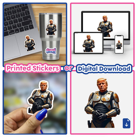 Collage featuring Futuristic President Donald Trump as digital artwork or sticker, with close-ups of detailed designs, including a finger interacting with the piece, emphasizing its unique, artistic style.