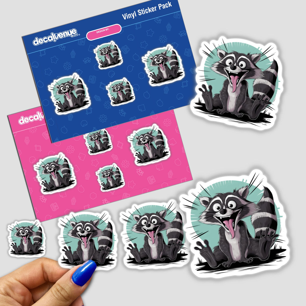 Playful and whimsical raccoon stickers in various poses, part of the Crazy Scared Raccoon digital artwork collection by Ella Designz, available at the Decal Venue online store featuring unique stickers and digital art.