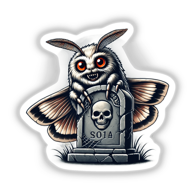 Halloween Moth Peeking Out of Tombstone sticker featuring a cartoon moth with a skull, wings, and a tombstone backdrop. Unique design available as stickers or digital artwork from Decal Venue.