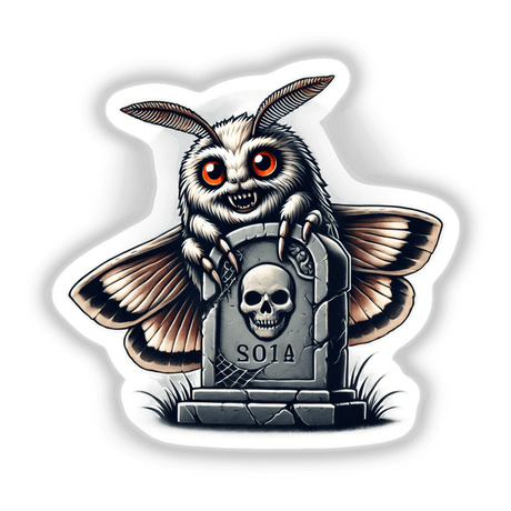 Halloween Moth Peeking Out of Tombstone sticker featuring a cartoon moth with a skull, wings, and a tombstone backdrop. Unique design available as stickers or digital artwork from Decal Venue.