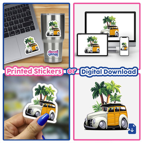 Collage featuring a laptop with a White Woodie Palm sticker, highlighting a cartoon car and palm trees. Available as stickers or digital artwork from Decal Venue.