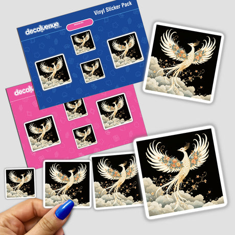 Hand holding Chinoiserie Phoenix stickers, featuring a detailed white phoenix adorned with flowers, available as both stickers and digital artwork from Decal Venue.