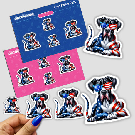 Patriotic American Flag Great Dane sticker pack featuring cartoon dogs with American flags, available as stickers or digital artwork, emphasizing unique design in line with Decal Venue's theme.
