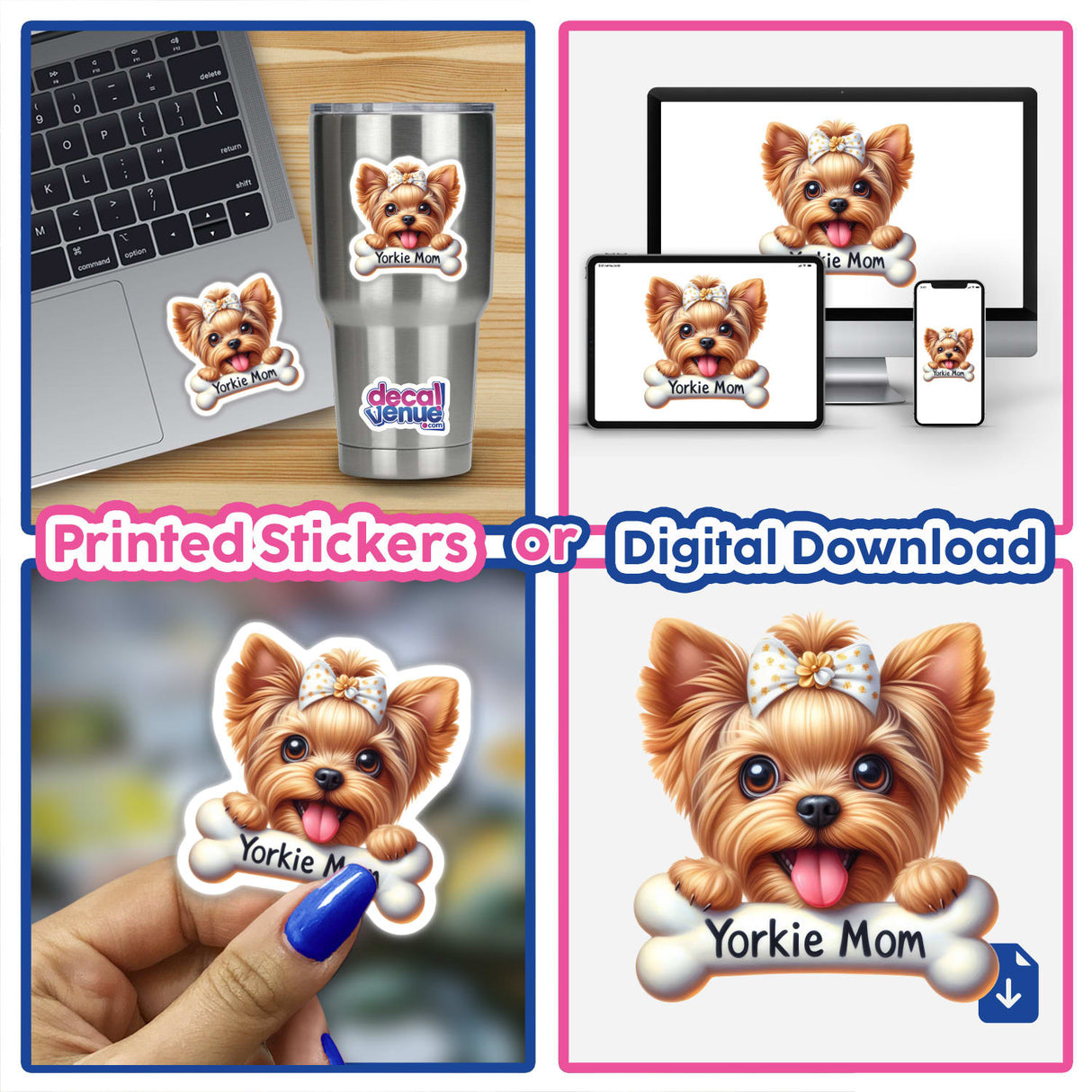 Cute cartoon Yorkie dog with bow, shown on printed stickers and digital downloads for various devices