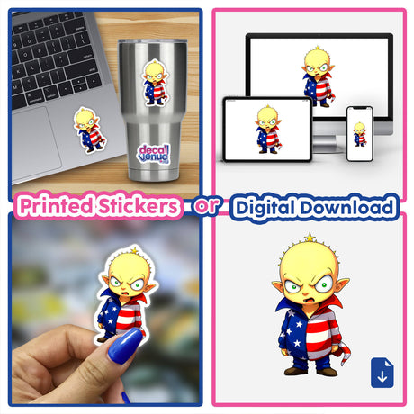 A collage featuring A Funny Guy With An American Flag Outfit in various forms, including stickers on a cup and digital artwork on a laptop screen, showcasing unique cartoon designs.