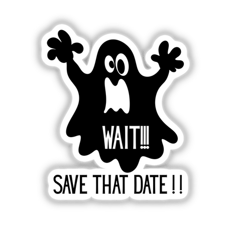 Giant black ghost artwork titled Halloween Save the Date, ideal for Halloween wedding announcements. Available as stickers or digital artwork, perfect for setting a spooky, memorable tone.