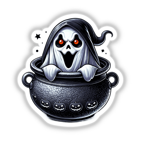 Spooky Halloween ghost peeking out of a cauldron with carved pumpkins surrounding it