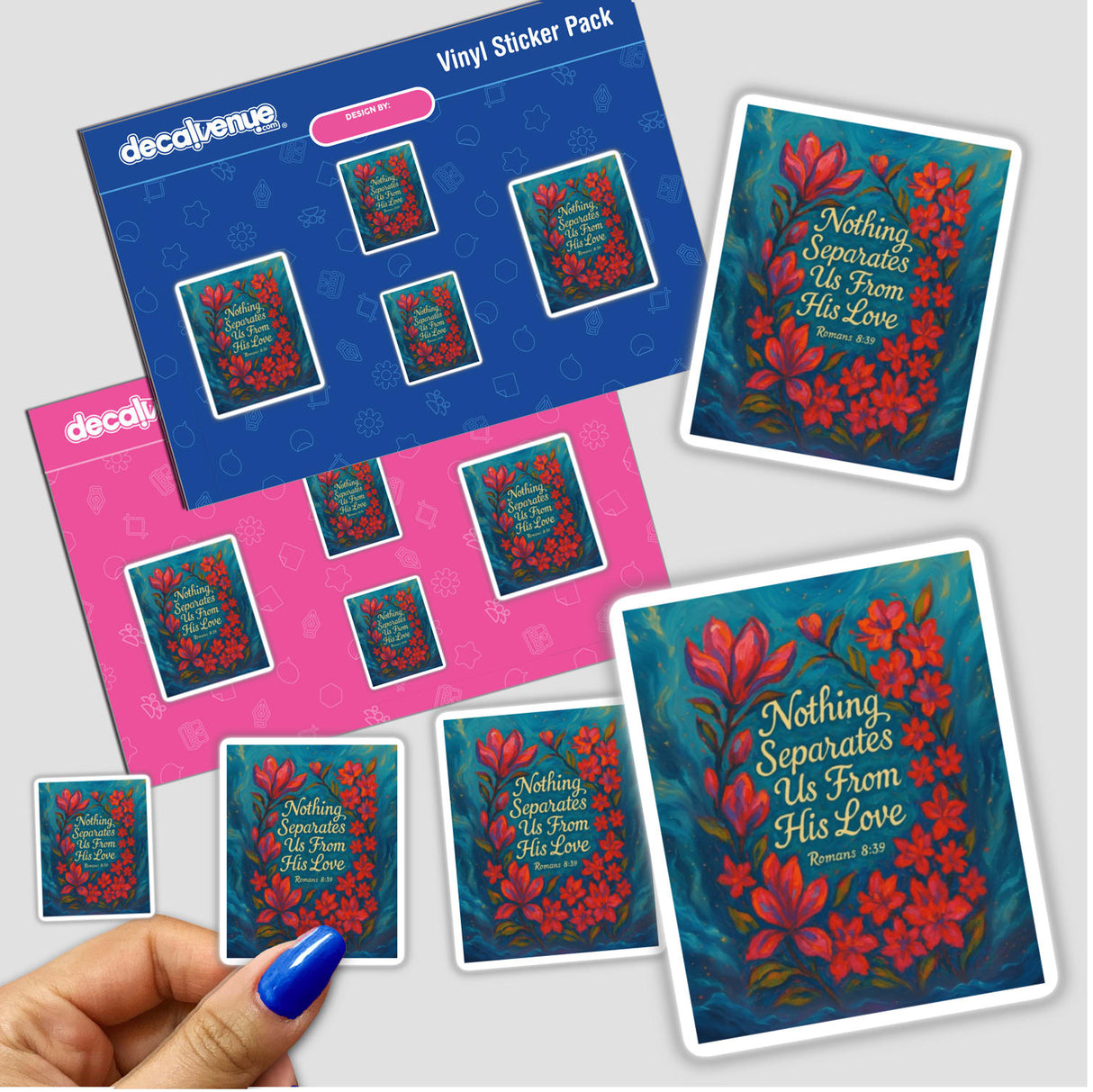 Hand holding the Nothing Separates Us Quote Christian Sticker or Clipart featuring a floral design from Romans 8:39, available as stickers or digital artwork with commercial rights.