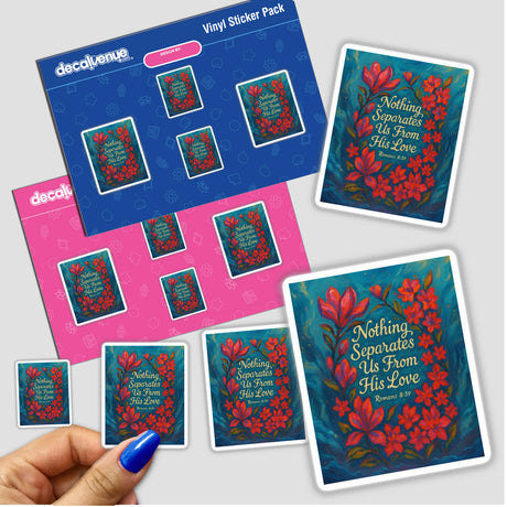 Hand holding the Nothing Separates Us Quote Christian Sticker or Clipart featuring a floral design from Romans 8:39, available as stickers or digital artwork with commercial rights.