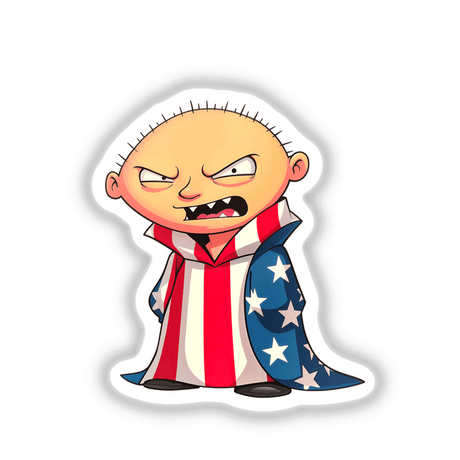 A cartoon titled A Funny Guy With An American Flag, depicting a man in a red, white, and blue robe, available as stickers or digital artwork from Decal Venue.