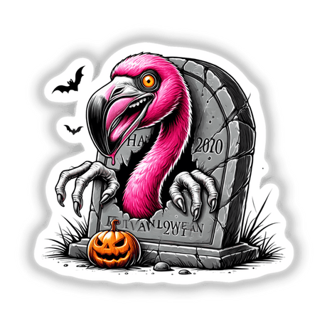 Spooky Halloween flamingo emerging from gravestone, with bats and pumpkin decoration, digital artwork created by talented designers at Decal Venue.