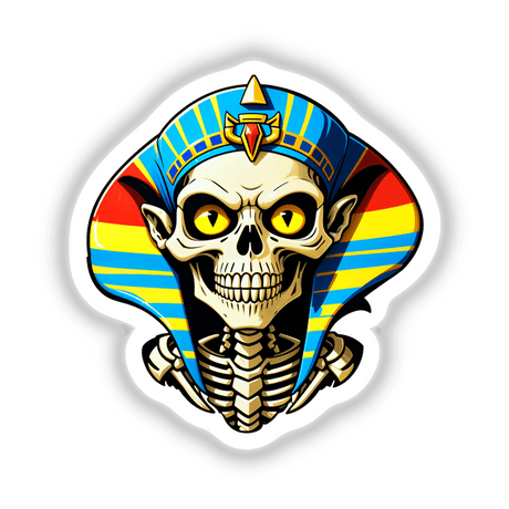 Cartoon of A Cool Egyptian Pharaoh Skull featuring a skeleton with a colorful hat, available as stickers or digital artwork from Decal Venue.