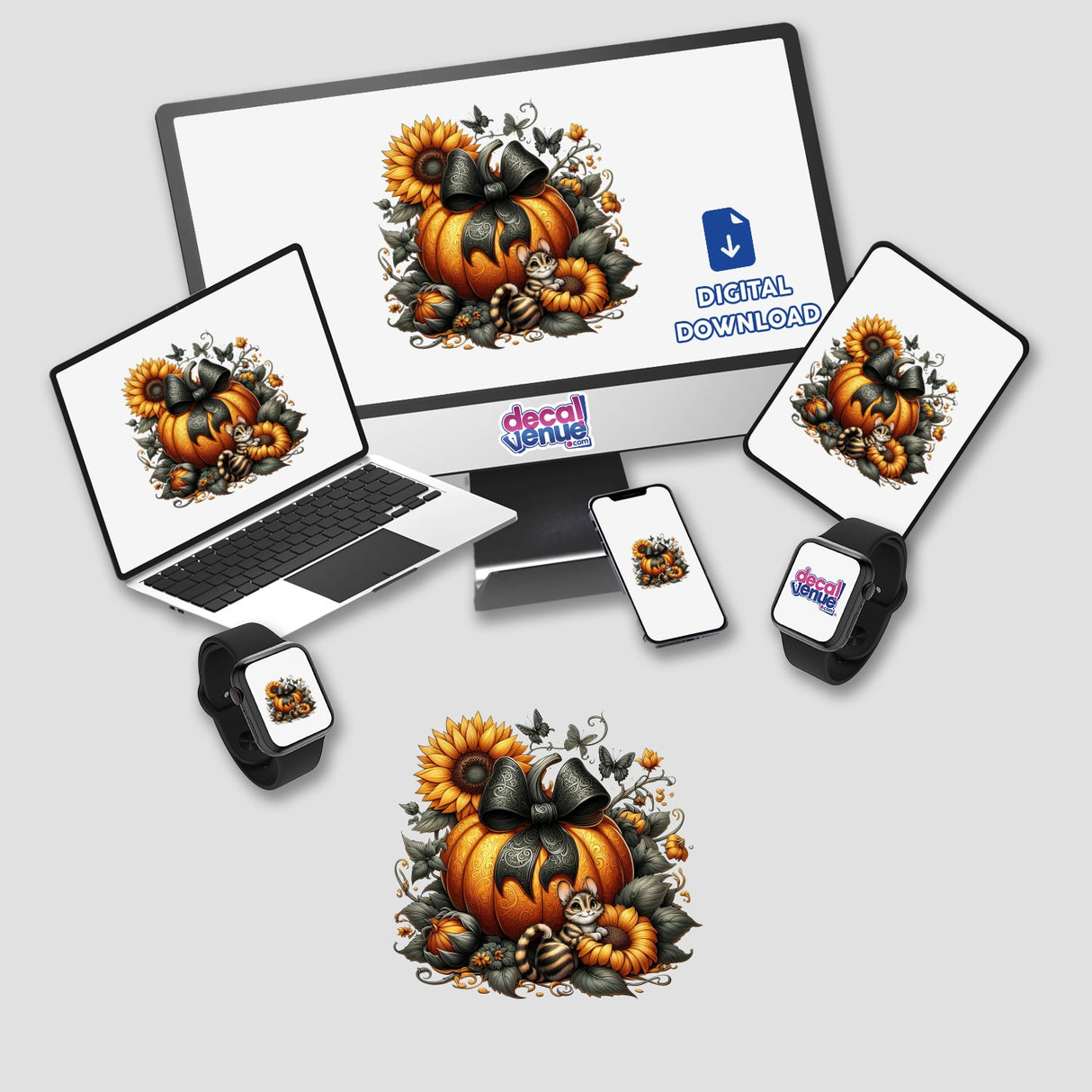 Kitty Cats, Sunflowers and Pumpkins digital artwork displayed on a computer monitor and laptop, showcasing pumpkins and sunflowers. Available as stickers or digital artwork.
