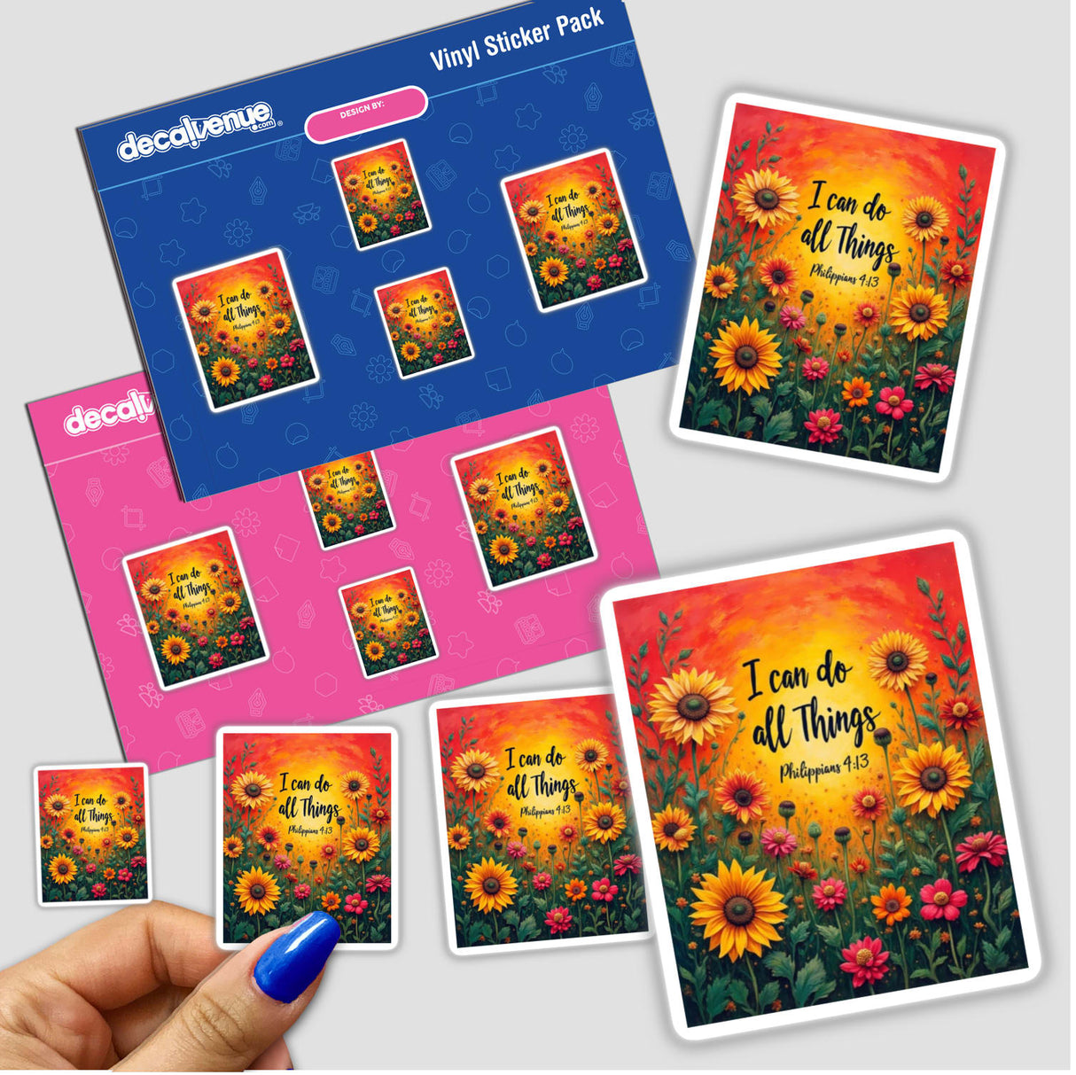 Fauvist Spring Zinnia “I Can Do All Things” Philippians 4:13 Sticker or Clipart featuring vibrant floral designs, showcased in a sticker pack held by a hand with blue nail polish.