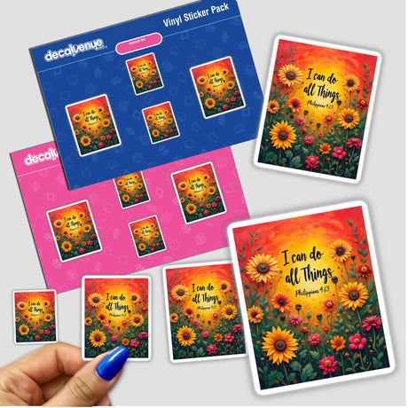 Fauvist Spring Zinnia “I Can Do All Things” Philippians 4:13 Sticker or Clipart featuring vibrant floral designs, showcased in a sticker pack held by a hand with blue nail polish.