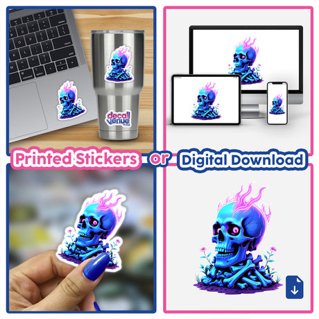 Collage featuring A Skull And Bones On Fire sticker on laptops, cups, and monitors, showcasing unique vinyl design from Decal Venue. Available as stickers or digital artwork.