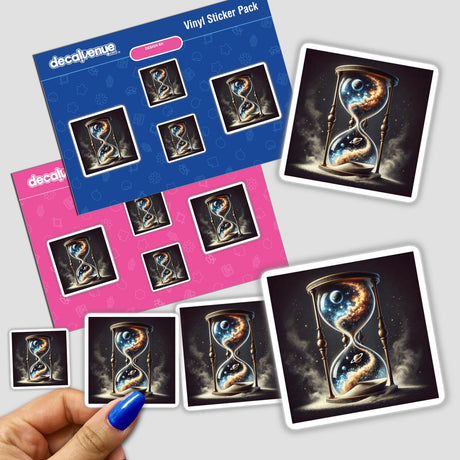 Timeless Sand - Hourglass Filled with Cosmic Dust design sticker featuring an hourglass with planets and stars, perfect for astronomy and space-themed art enthusiasts.