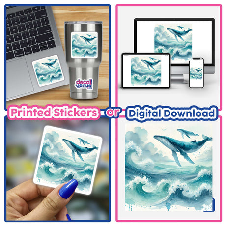 Collage showcasing Ocean Dreamscape - Waves and Whales in Watercolor stickers and digital art, featuring playful whales, waves, and marine-themed illustrations on various devices and mediums.