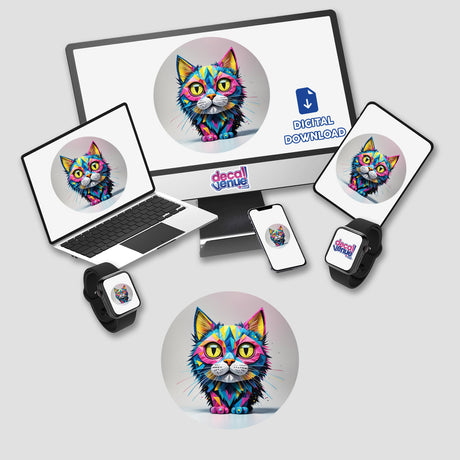Cool Colorful Cat on a computer monitor and laptop screen, displayed as vibrant digital artwork. This playful design is available as stickers or digital artwork from Decal Venue.