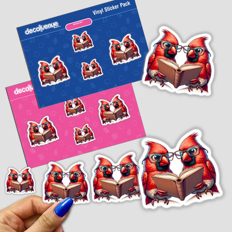 Two Cardinal Birds in Reading Glasses Open Book sticker set, featuring cartoon-style birds engrossed in a book, available as vinyl stickers or digital artwork from Decal Venue.