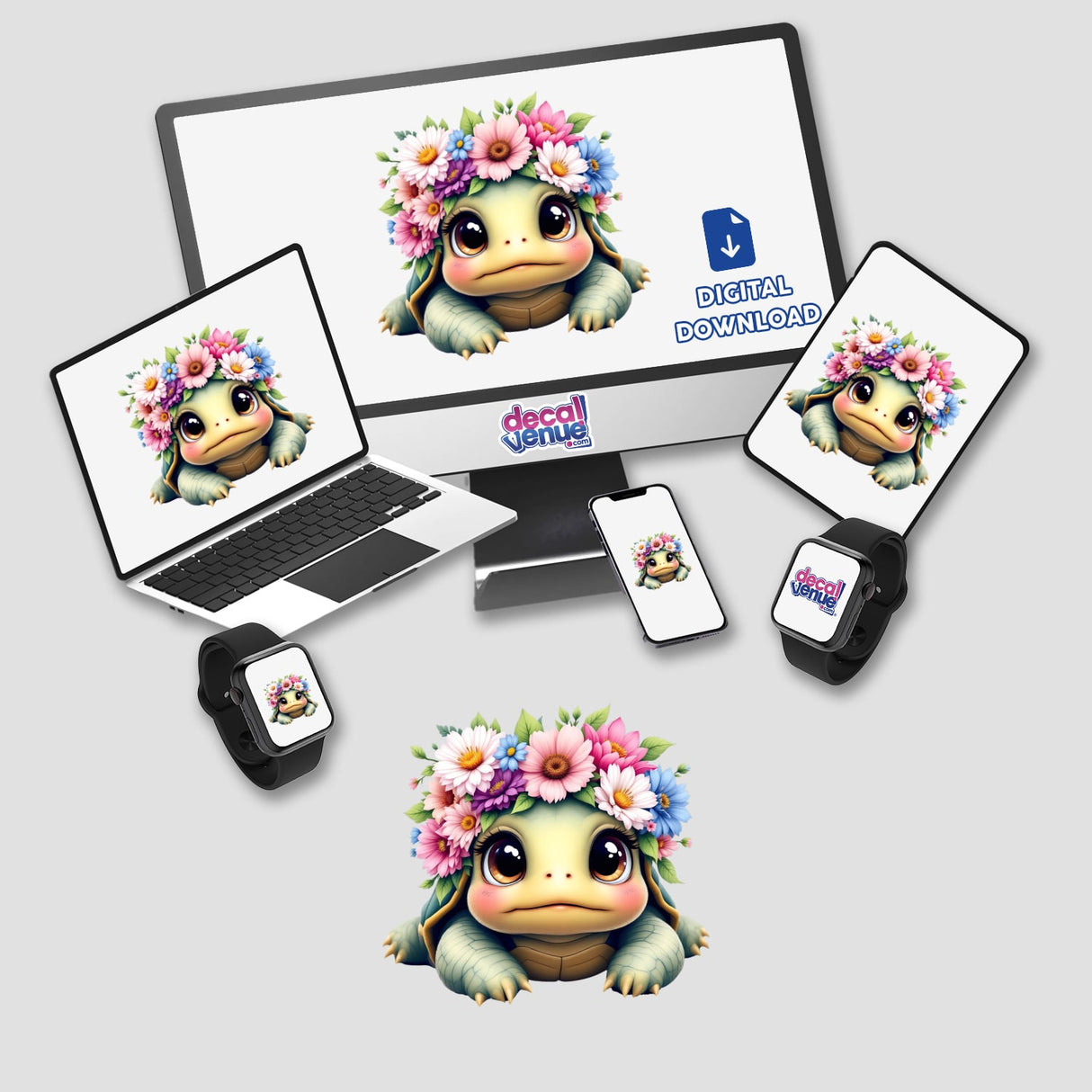 Adorable Turtle with a Spring Flower Crown on a laptop screen, showcasing a whimsical design ideal for stickers and digital art from Decal Venue, perfect for decorating devices or gifting.