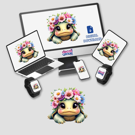 Adorable Turtle with a Spring Flower Crown on a laptop screen, showcasing a whimsical design ideal for stickers and digital art from Decal Venue, perfect for decorating devices or gifting.