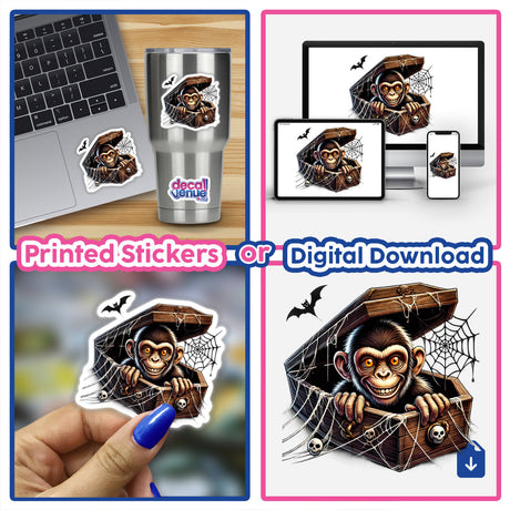 Spooky monkey peeking out of a coffin on digital artwork, printed stickers, and digital downloads available from the Decal Venue online store.
