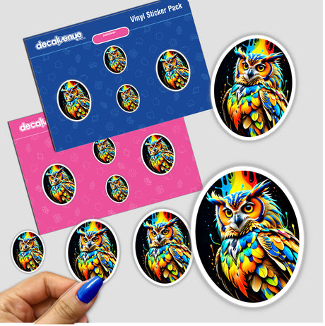 A Cool And Colorful Owl sticker, featuring a vibrant owl design, perfect as a unique addition to your collection. Available as a sticker or digital artwork from Decal Venue.