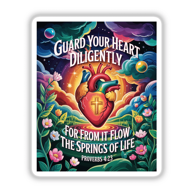 Proverbs 4:23 Guard Your Heart Sticker or Clipart features a heart surrounded by flowers, combining text and graphics, available as stickers or digital artwork.