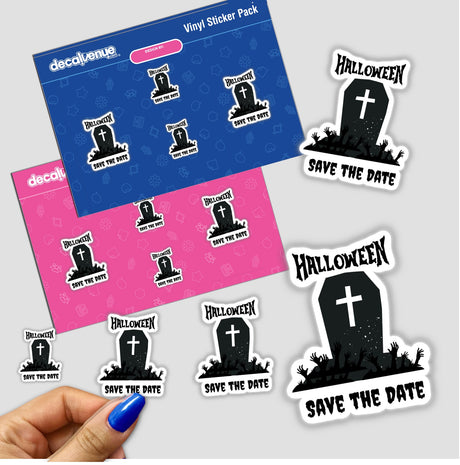 Halloween Save the Date: A black tombstone with hands emerging from the ground, featuring Halloween and save the date text. Available as stickers or digital artwork from Decal Venue.