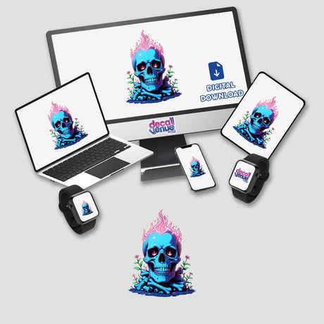 A Skull And Bones On Fire sticker: a laptop and monitor display a skull and bones with flames, embodying bold artistry for unique personalization or gifting from Decal Venue.