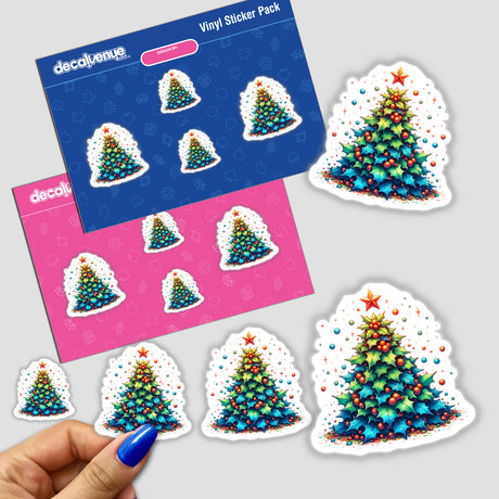 Holly Leaves Christmas Tree sticker pack featuring vibrant Christmas trees with decorative holly leaves, stars, and ornaments, available as stickers or digital artwork from Decal Venue.