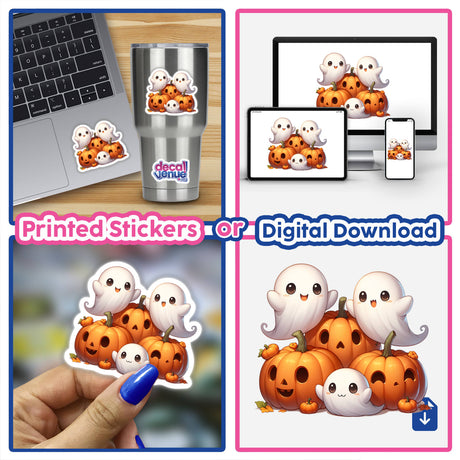 Ghosts and Pumpkins: Collage featuring laptops adorned with cartoon ghost and pumpkin stickers, close-up of hand applying sticker, and individual ghost and pumpkin sticker designs. Available as stickers or digital artwork.