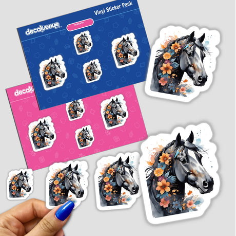 Beautiful Horse Portrait Floral Accents PA12 featuring stickers of horses adorned with floral manes, available as stickers or digital artwork from Decal Venue.