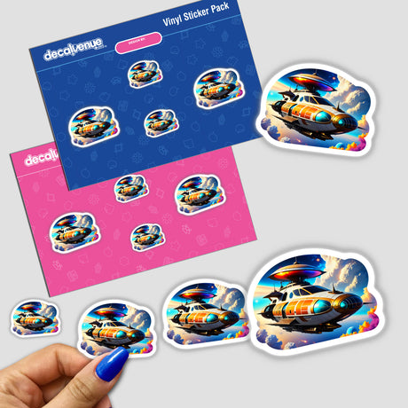 Hand holding a sticker from the A Cool Retro Spaceship collection, featuring cartoon spaceships. Available as stickers or digital artwork from Decal Venue.