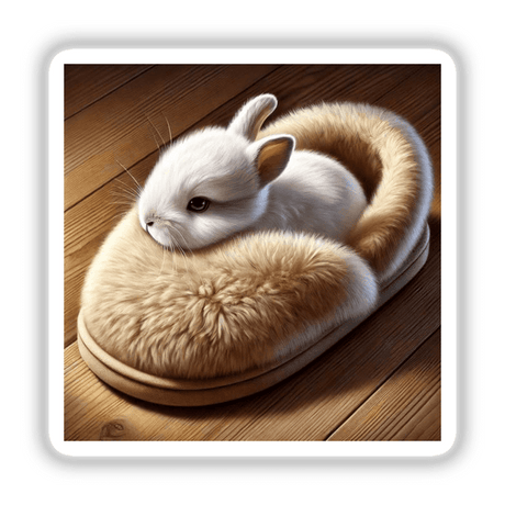 Rabbit Snuggled in Fluffy Slipper: A white rabbit cozily nestled inside a furry slipper, perfect for unique stickers or digital artwork from Decal Venue.