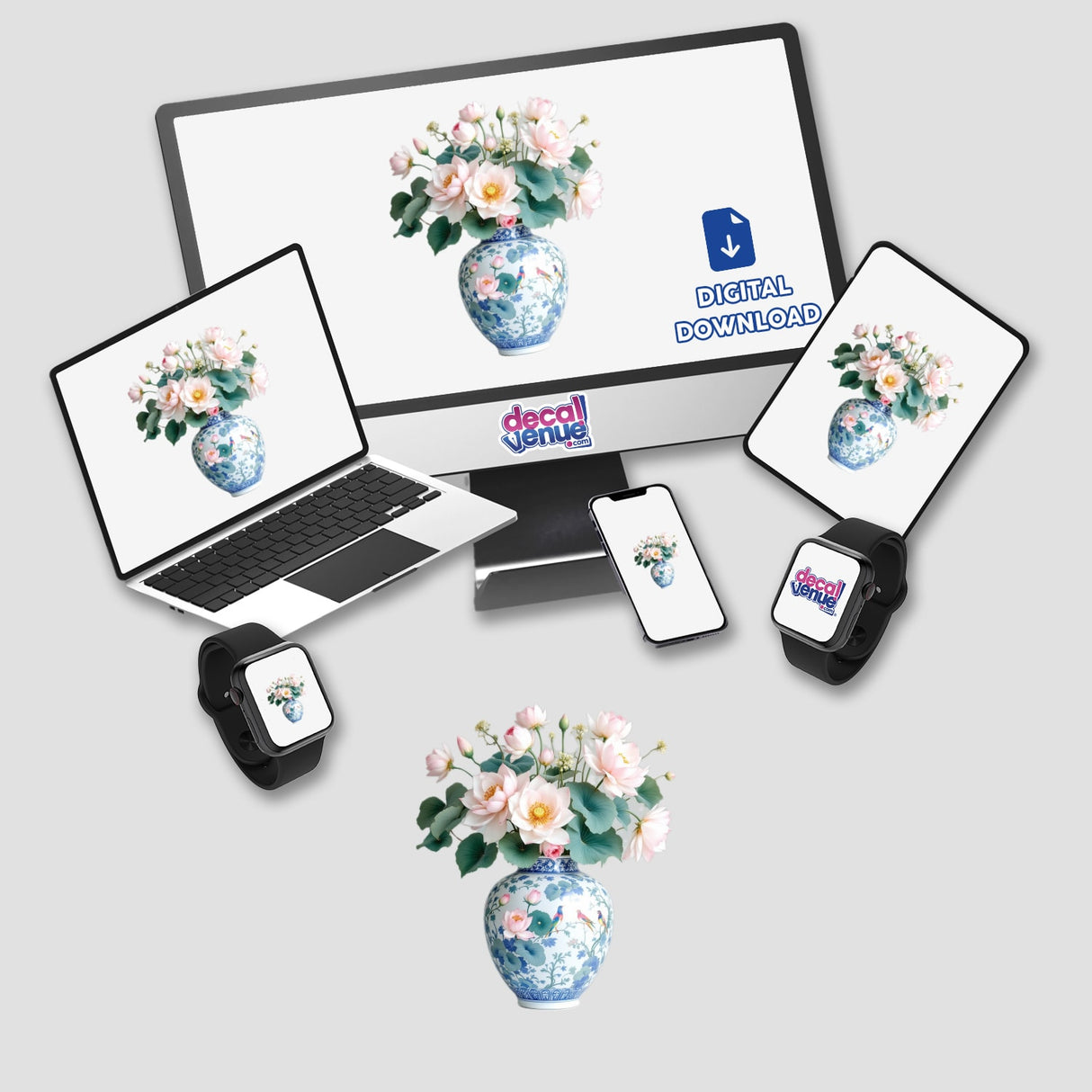 Chinoiserie Vase with Lotus Flowers depicted on a computer monitor, laptop, and tablet, available as unique stickers or digital artwork, showcasing Decal Venue's creative design offerings.