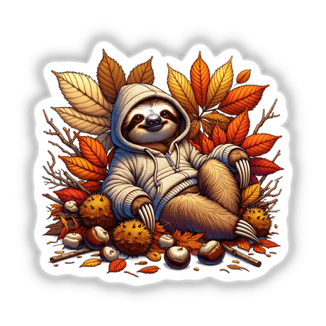 Cozy Autumn Sloth in Sweater - Vibrant digital artwork featuring a cute sloth in a warm sweater surrounded by colorful fall leaves, acorns, and other natural elements.