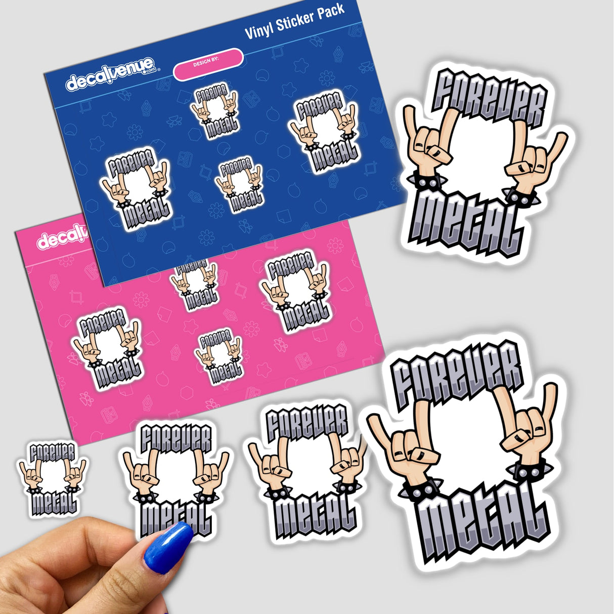 Forever Metal Heavy Metal Devil Horns Hand Gesture sticker featuring cartoon hands with text, embodying unique vinyl art from Decal Venue. Available as stickers or digital artwork.