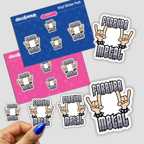 Forever Metal Heavy Metal Devil Horns Hand Gesture sticker featuring cartoon hands with text, embodying unique vinyl art from Decal Venue. Available as stickers or digital artwork.