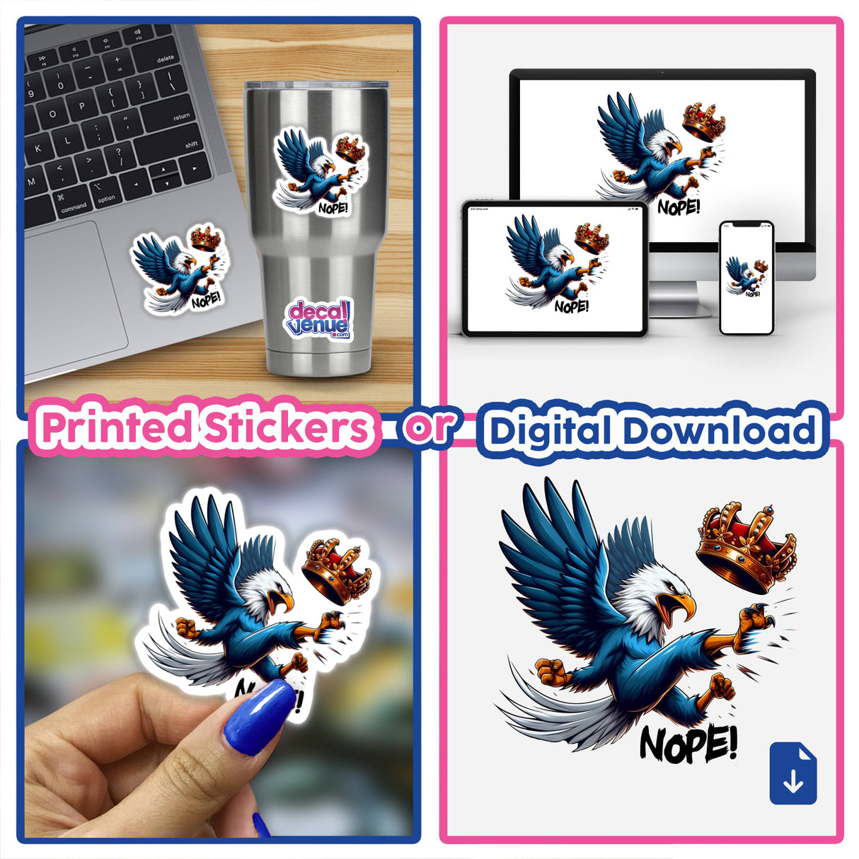 Nope No Kings American Bald Eagle sticker features a cartoon eagle confidently kicking a crown, perfect for laptops or as digital artwork from Decal Venue's unique collection.