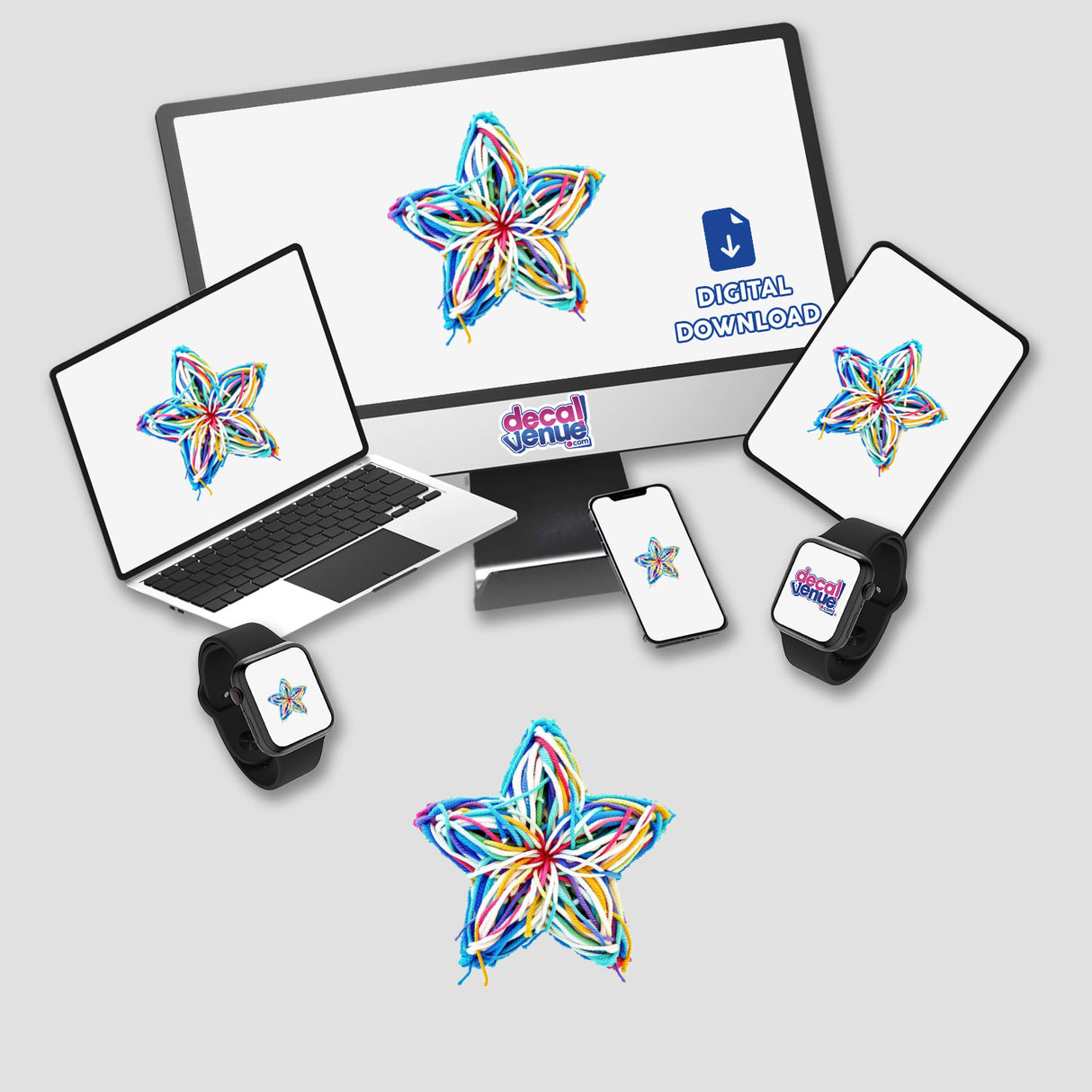 Yarn Star digital artwork displayed on a computer monitor and laptop, available as stickers or digital art, showcasing a star made of colorful yarn.