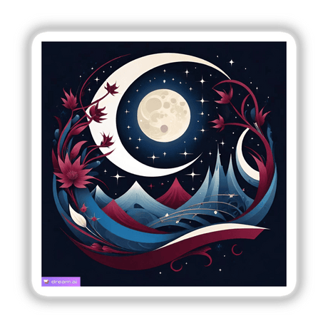 Moon-themed graphic featuring a moon, mountain, flowers, and stars, available as stickers or digital artwork from Decal Venue.