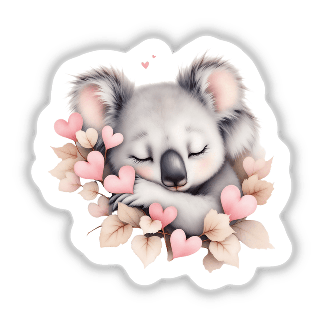 Sleeping Koala with Heart-Shaped Leaves: A whimsical koala peacefully rests on a branch surrounded by heart shapes, available as charming stickers or digital artwork. Perfect for personalizing spaces with serenity.