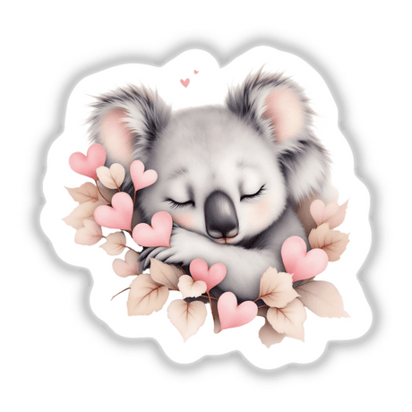 Sleeping Koala with Heart-Shaped Leaves: A whimsical koala peacefully rests on a branch surrounded by heart shapes, available as charming stickers or digital artwork. Perfect for personalizing spaces with serenity.
